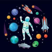 Cartoon astronaut in space. Spaceman rocket, stary ufo spaceship and planets vector illustration