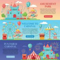 Amusement park banner. Amusing festival attractions, kids carousel and ferris wheel attraction banners background vector illustration