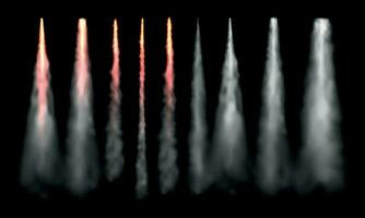 Rockets tracks. Space rocket launch smoke, plane jets track and aircraft smoke cloud realistic vector set