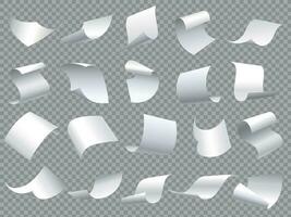 Flying paper pages. Falling papers documents sheets, document with curved corner and fly page sheet isolated vector objects set