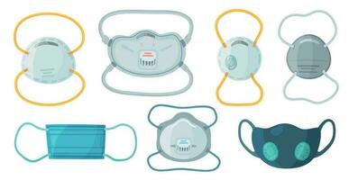 Safety breathing masks. Industrial safety N95 mask, dust protection respirator and breathing medical respiratory mask vector set
