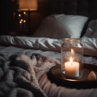 Night candle near the bed in the bedroom photo