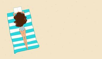 Girl lying on a beach towel reading a book. Copy space. Top view. Vector illustration