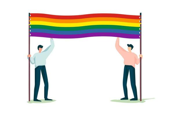 Couple of men hold a pride flag banner isolated on white background. LGBT parade. Vector illustration