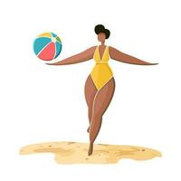 playa escena de un mujer jugando con playa pelota aislado en blanco antecedentes. vacaciones en costa costa concepto. vector ilustración