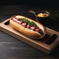 Hot dog on wooden plate photo