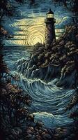 Lighthouse on a rock in stormy weather, generate ai photo