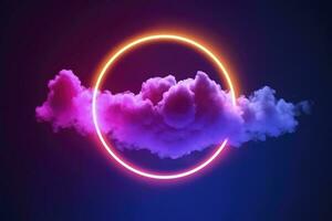 3d render, abstract cloud illuminated with neon light ring on dark night sky. Glowing geometric shape, round frame, generate ai photo