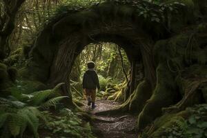 A little boy going towards the deep magical jungle along , generate ai photo