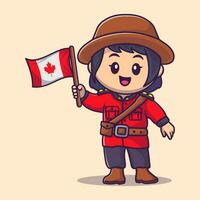 cute girl in canadian national dress and holding canadian flag vector