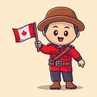 cute boy in canadian national dress and holding canadian flag vector