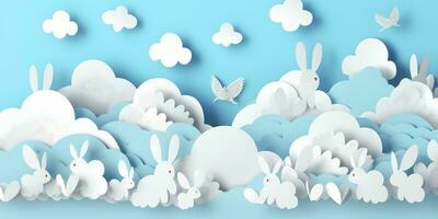 Horizontal banner with paper cut clouds, rabbit, eggs, and hearts, blue sky background, paper cut craft art. A place for text. Happy Easter Day sale concept, template with square frame, generate ai photo