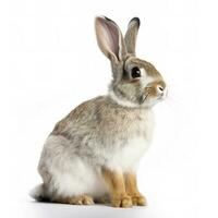 The funny rabbit is standing on its hind legs isolated on white background, generate ai photo