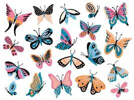 mano dibujado mariposa. flor mariposas, polilla alas y primavera vistoso volador insecto aislado vector colección