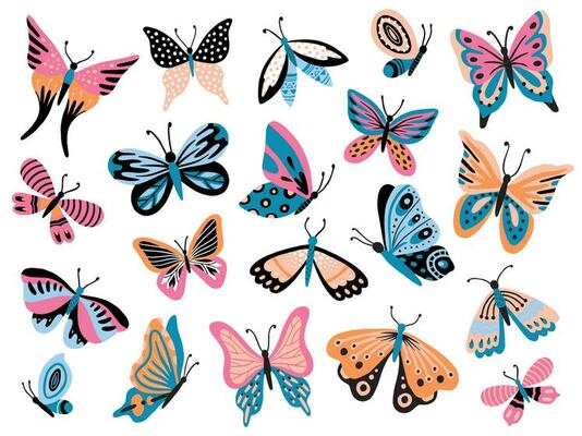 Hand drawn butterfly. Flower butterflies, moth wings and spring colorful flying insect isolated vector collection