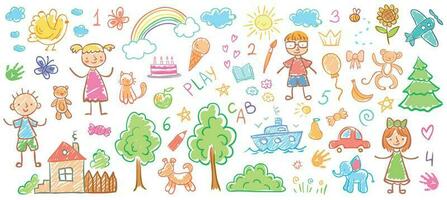 Child drawings. Kids doodle paintings, children crayon drawing and hand drawn kid vector illustration