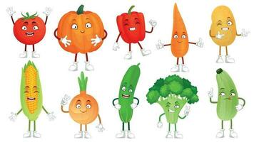 Cartoon vegetable character. Healthy veggies food mascot, baby carrot and funny cucumber. Vegetables isolated vector illustration set