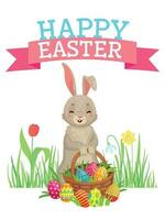 Easter greeting card. Cute bunny, colorful eggs and spring flowers. Happy easter cartoon vector illustration