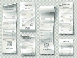 Shopping receipt. Retail store purchase receipts, supermarket invoice printing and purchasing bill isolated vector collection