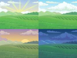 Summer field. Green hill, daytime fields landscape and spring hills cartoon vector illustration background