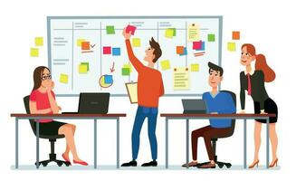 Scrum board meeting. Business team planning tasks, office workers conference and workflow plan flowchart cartoon vector illustration