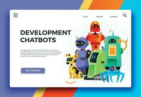 Chatbots development. Digital chatbot assistant, friendly robots and assistance robot landing page cartoon vector illustration