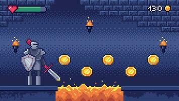 Retro computer games level. Pixel art video game scene 8 bit warrior character collects gold coins, pixels gaming vector illustration