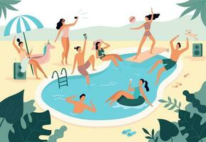 Swimming pool party. Summer outdoors people in swimwear swim together and rubber ring floating in pool water vector illustration