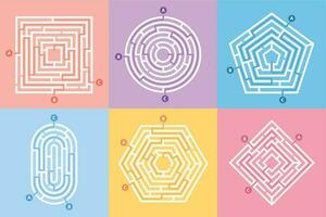 Labyrinth game. Maze conundrum, labyrinth way rebus and many entrance riddle vector concept illustration set