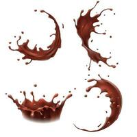 Chocolate milk splash. Milkshake splashes drop, tasty chocolates milks shakes splashing realistic vector set