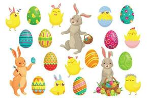 Easter bunny eggs. Cute rabbit, spring chicks and colorful egg vector illustration set