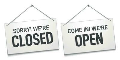 Business open closed sign. Shop door signs boards, come in and sorry we are closed outdoors signboard isolated vector illustration