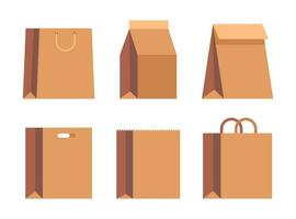 Collection of various paper bag with handles. Realistic kraft package set. Vector illustration.