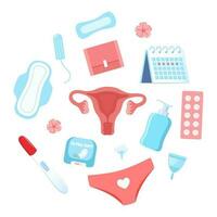 Womans health concept. Menstruation, period, female uterus, reproductive system. Woman, pregnancy test, tampon, calendar, womb, pads, menstrual cup, pants. Vector illustration.