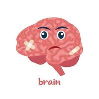Sick brain with pain ache or disease. Sad cartoon character brain, body organ injured or unhealthy. Human cartoon anatomy, kids medicine. Vector illustration.