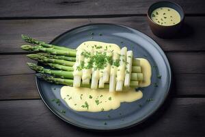 Modern style traditionally steamed white asparagus with butter sauce and cress served close-up on a Nordic design plate, generate ai photo