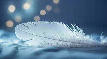 a bright blue background with one white feather, in the style of soft and dreamy pastels, glimmering light effects, nature inspired imagery, fairycore, soft focal points, generate ai photo