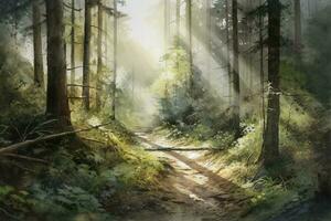 Sunny summer forest.Picture created with watercolors , generate ai photo