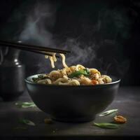 udon remover freír tallarines con pollo y vegetales en negro antecedentes. caliente wok con pollo humeante terminado lámina, generar ai foto