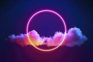3d render, abstract cloud illuminated with neon light ring on dark night sky. Glowing geometric shape, round frame, generate ai photo