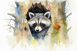 Paint a curious raccoon peeking out of a tree hollow watercolor painting, beautiful natural forms, crisp clean shapes, colorful, white background, generate ai photo