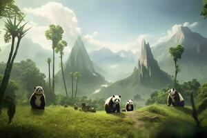 A family of pandas playing in a bamboo forest with a mountain range in the background, generate ai photo