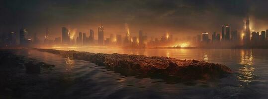 Post apocalypse. Nuclear apocalypse survivor. Ruined Cityscape. Concept. Banner size. Header, A nuclear explosion in the center of the metropolis. The beginning of apocalyptic, generate ai photo