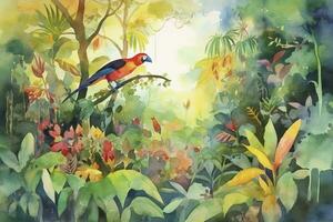 Paint a watercolor landscape of a lush tropical jungle, featuring detailed vegetation and wildlife, such as monkeys, toucans, and exotic flowers, generate ai photo