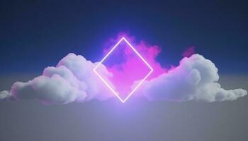 3d render, abstract minimal background with pink blue yellow neon light square frame with copy space, illuminated stormy clouds, glowing geometric shape, generate ai photo