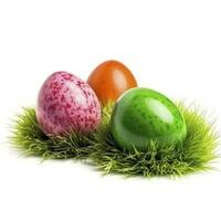 Easter eggs in green grass isolated on white background, generate ai photo