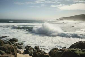 un hermosa costero escena capturar ondulación olas y imponente acantilados , generar ai foto