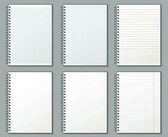 Notebook page. Lined and dotted pages, notebooks binded on metal spiral and padded sheet mockup template vector illustration set
