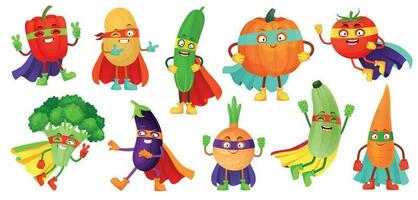 Superhero vegetables. Super cucumber, hero mask on pumpkin and vegetable food with superheroes cloak cartoon vector illustration set