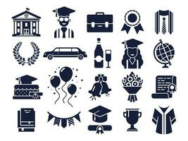 Universidad siluetas iconos graduado día, estudiante graduación gorra y diploma pictograma silueta icono vector conjunto